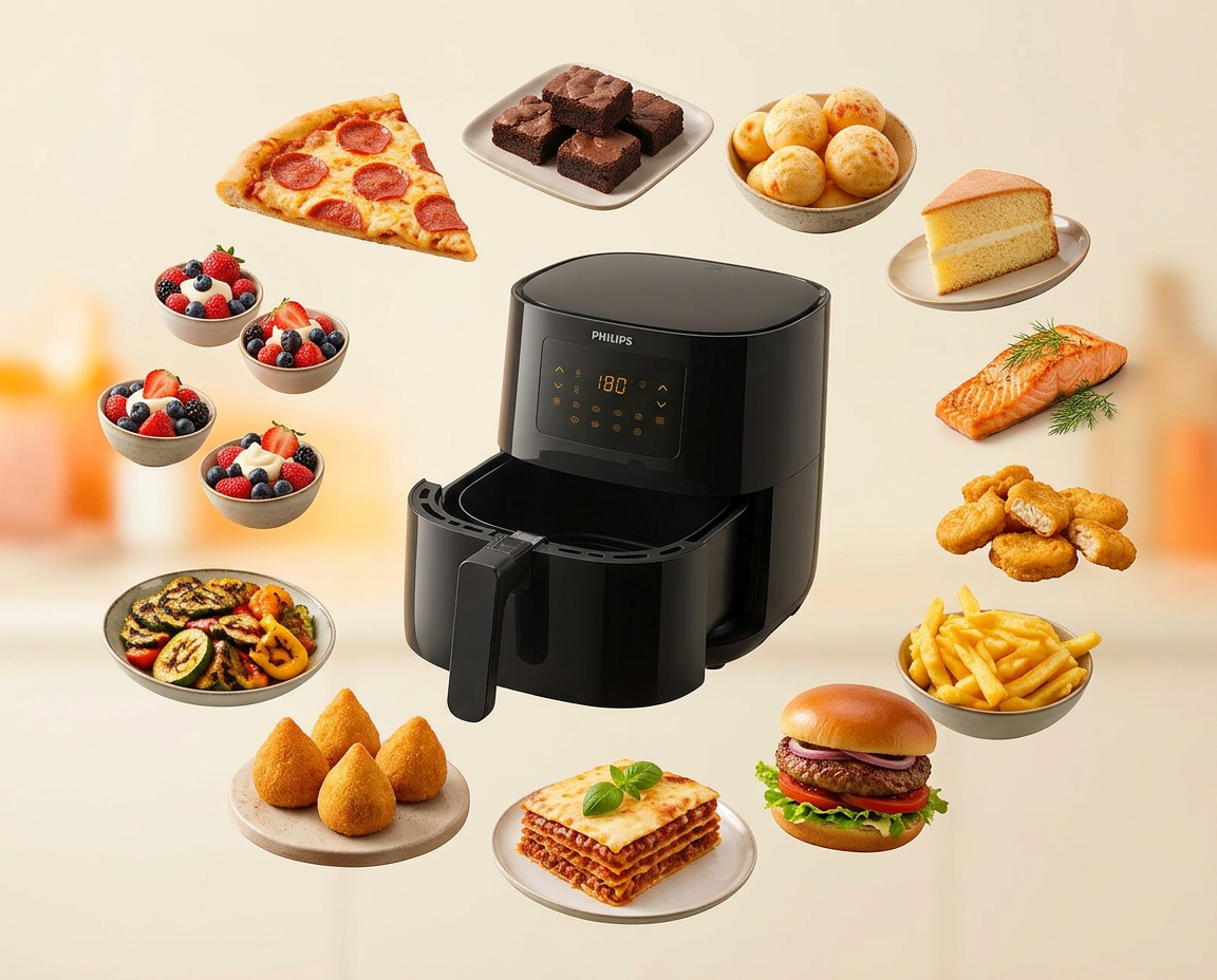 Air Fryer cercada por pizza, brownie, pão de queijo, bolo, nuggets, peixe, legumes, coxinha, lasanha, hambúrguer e batata